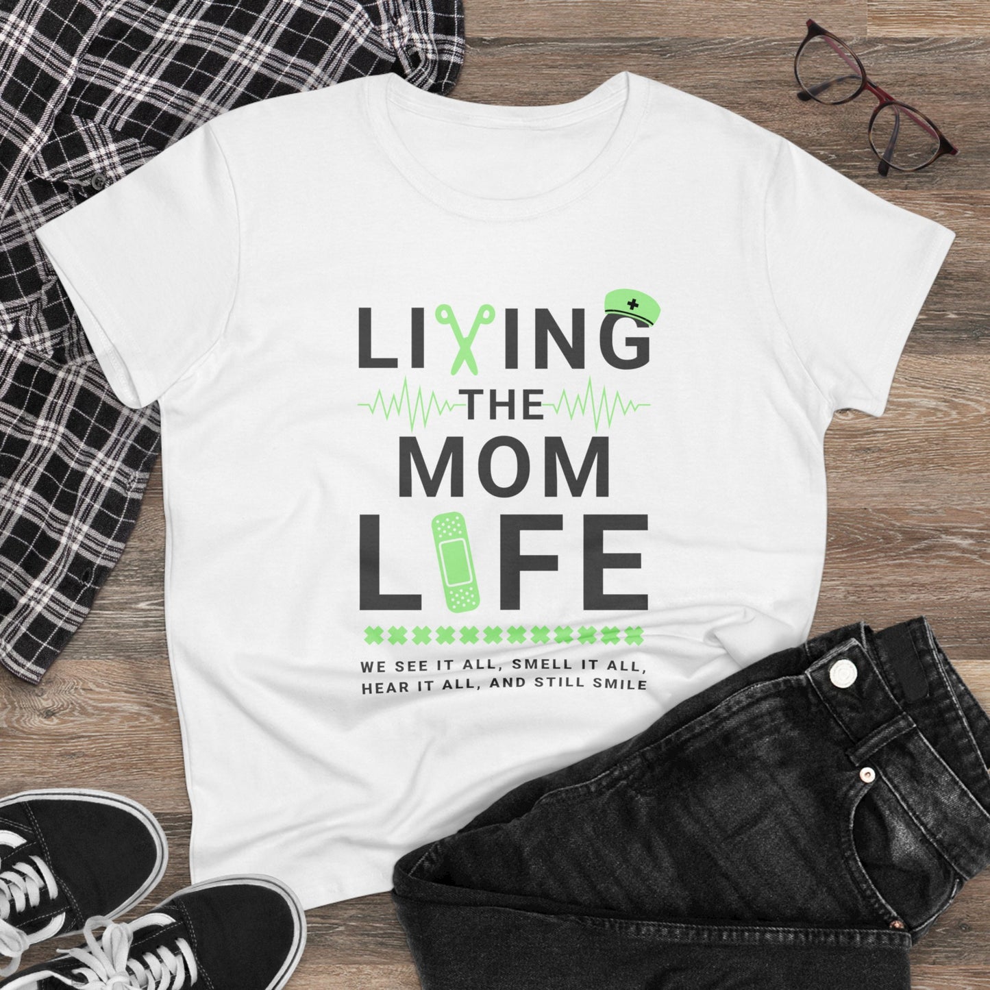 T-Shirt (Womens) - Living The Mom Life | Semi Fitted | 100% Cotton | Funny, Witty, Sarcastic