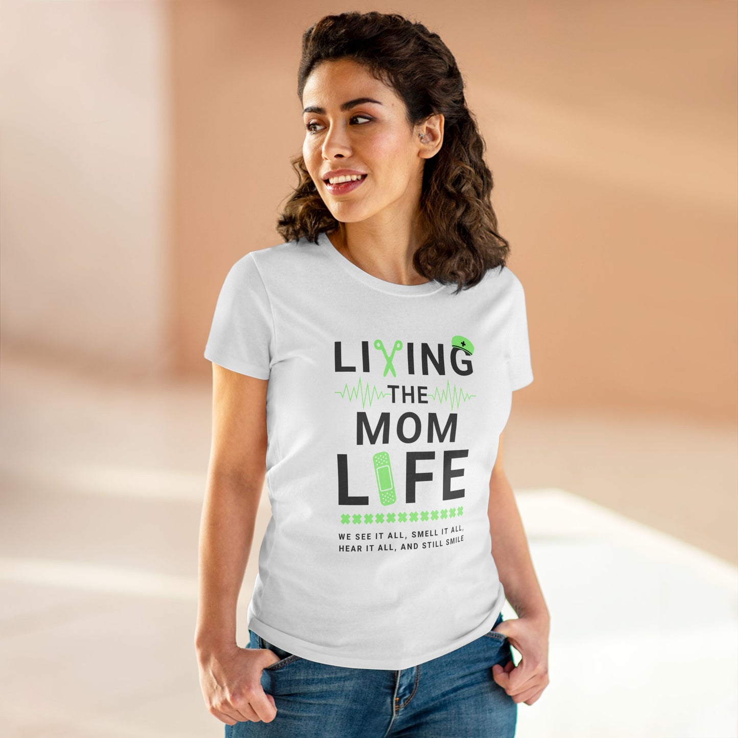 T-Shirt (Womens) - Living The Mom Life | Semi Fitted | 100% Cotton | Funny, Witty, Sarcastic