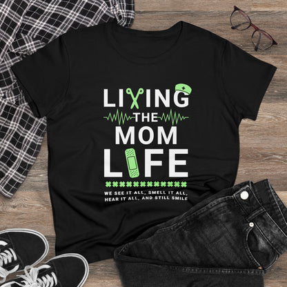 T-Shirt (Womens) - Living The Mom Life | Semi Fitted | 100% Cotton | Funny, Witty, Sarcastic