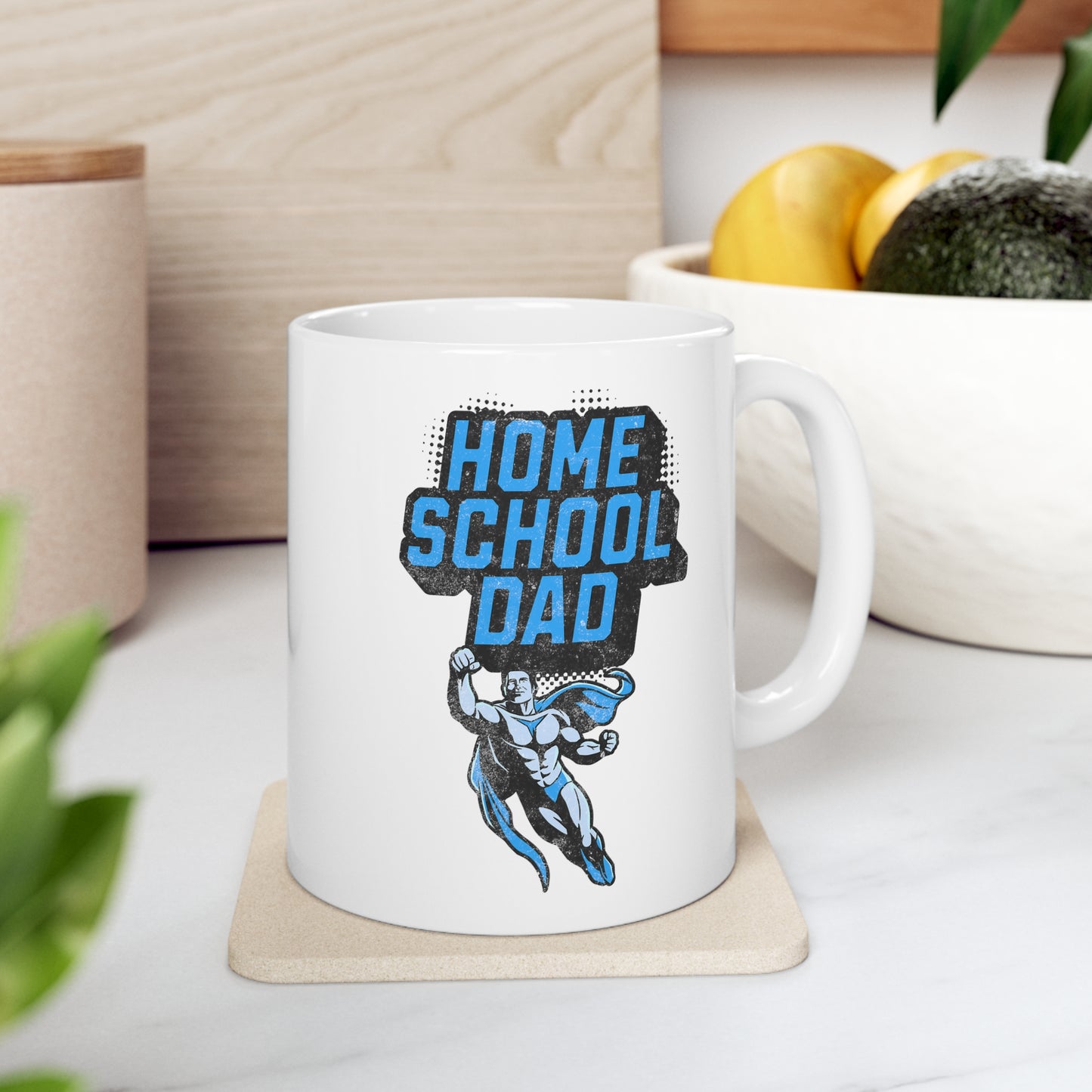 Coffee Mug - Home School Super Dad | White | Ceramic 11oz | Microwave and Dishwasher Safe