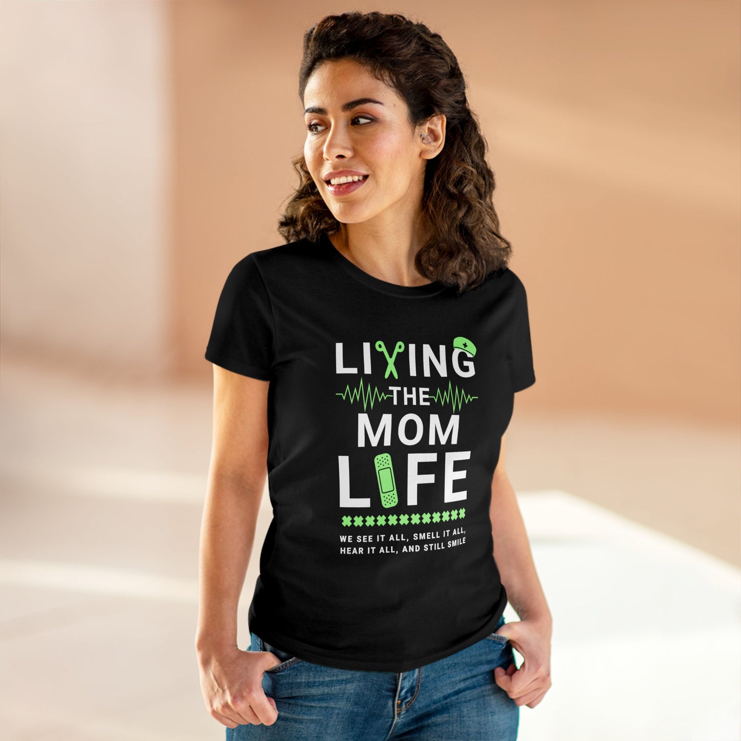 T-Shirt (Womens) - Living The Mom Life | Semi Fitted | 100% Cotton | Funny, Witty, Sarcastic